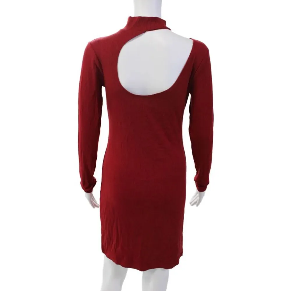 Urban Outfitters Womens Long Sleeve Cut Out Keyhole Ribbed Dress Red Size Medium